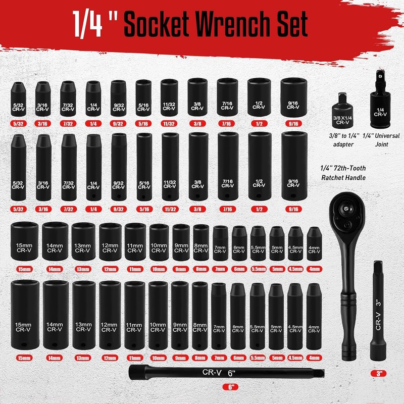 55pcs 1/4" Drive Impact Socket Set SAE & Metric Deep Shallow Sockets Wrench Set gallery