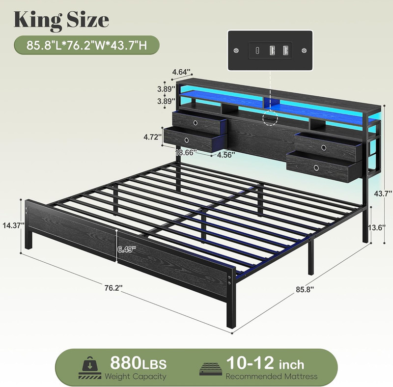 King Bed Frame w/ Storage Headboard LED Lights 4 Drawers Black gallery