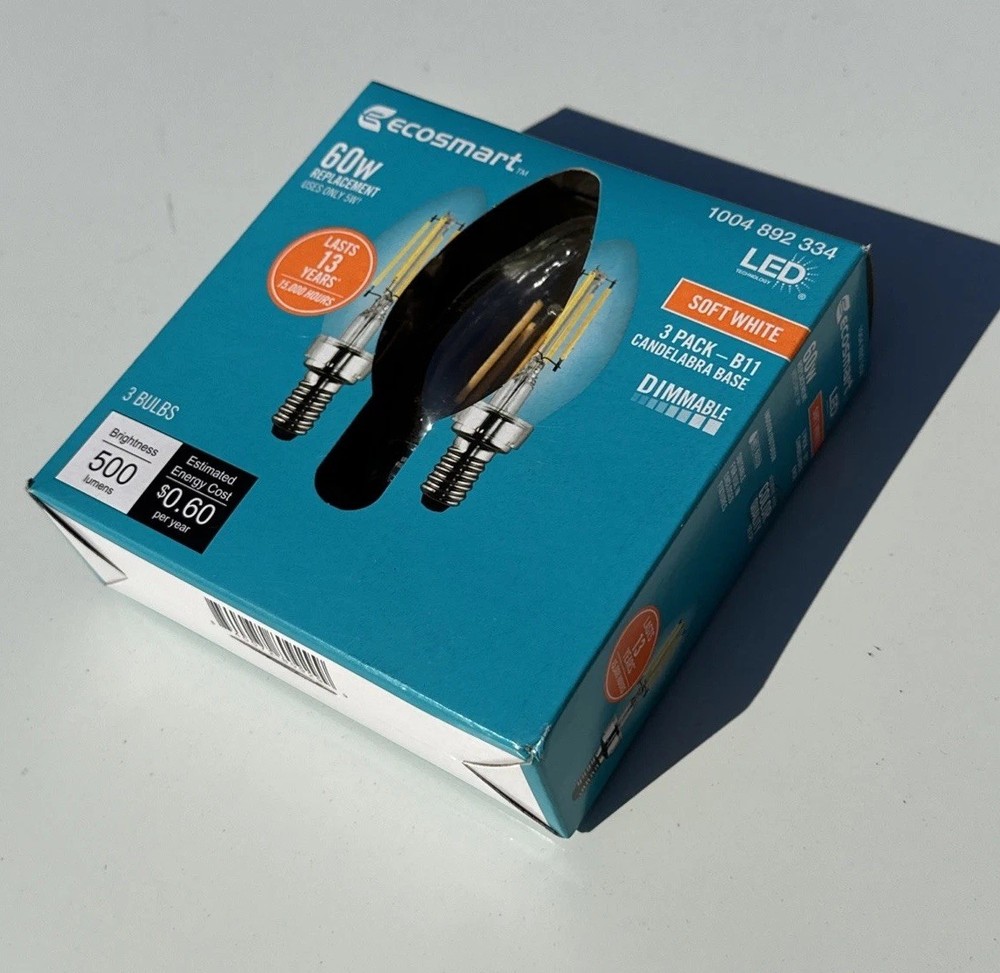Ecosmart 60W B11 LED Soft White Dimmable Candelabra Base 3 Pack - Brand New