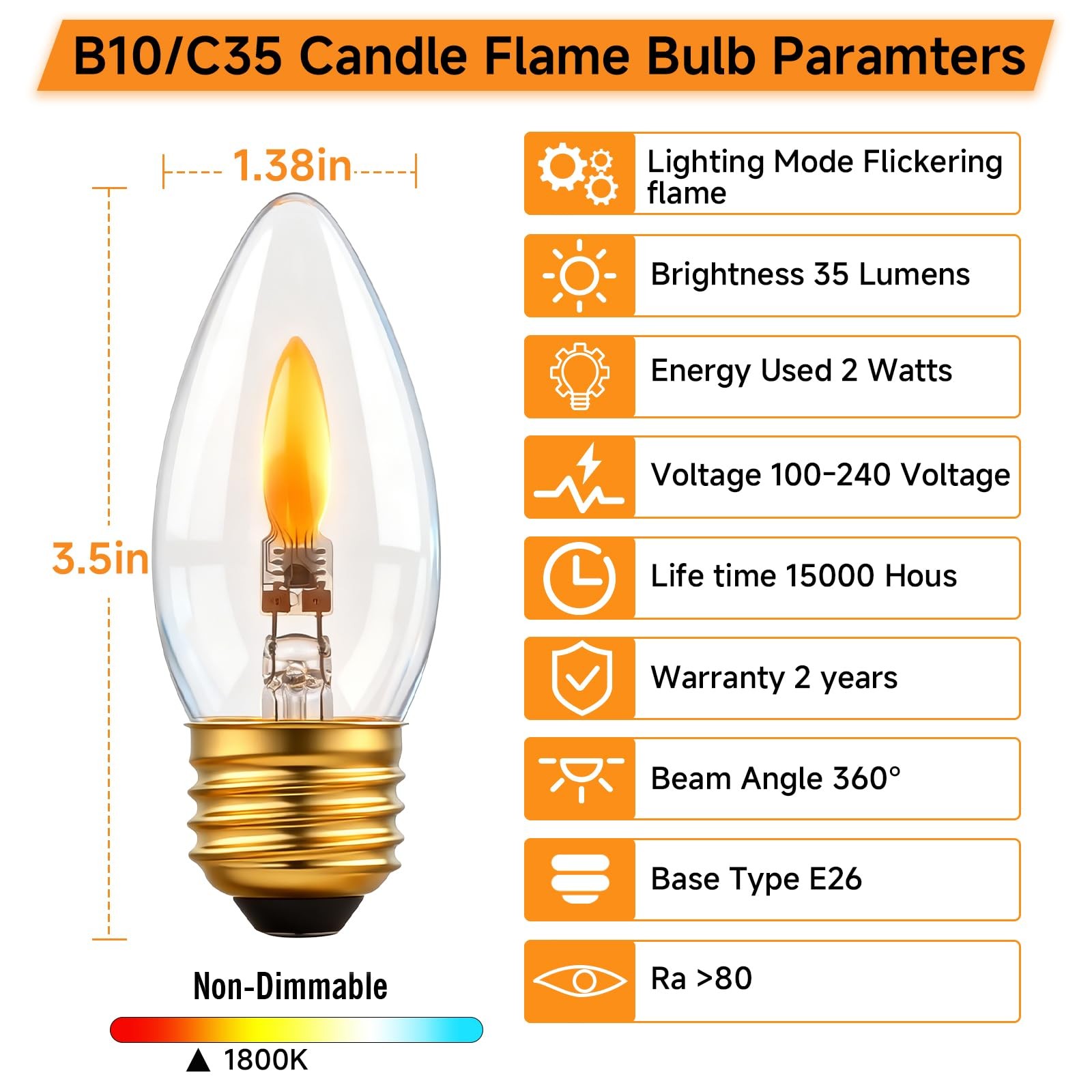 2 PCS B10/B11 LED Flame Effect Bulb E26 Base 1800K Flickering Candle Light gallery