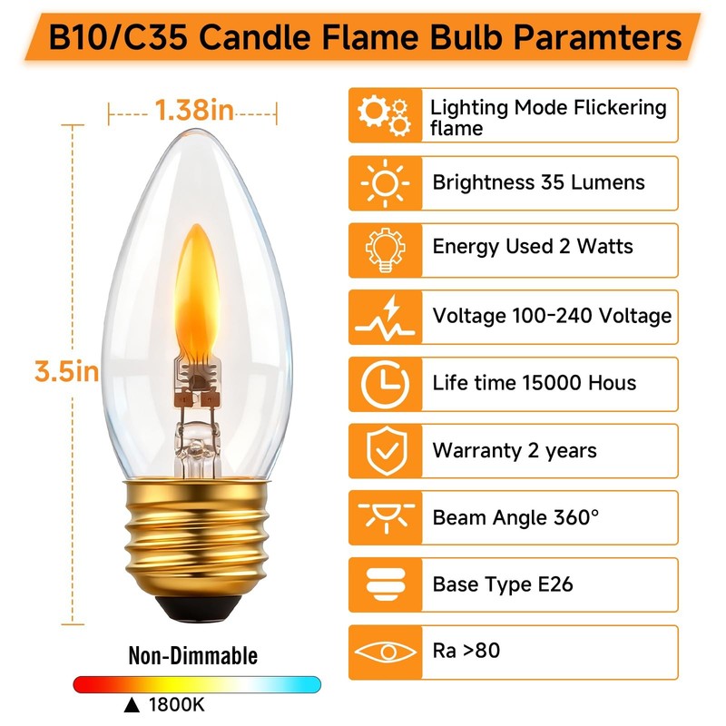 2 PCS B10/B11 LED Flame Effect Bulb E26 Base 1800K Flickering Candle Light gallery