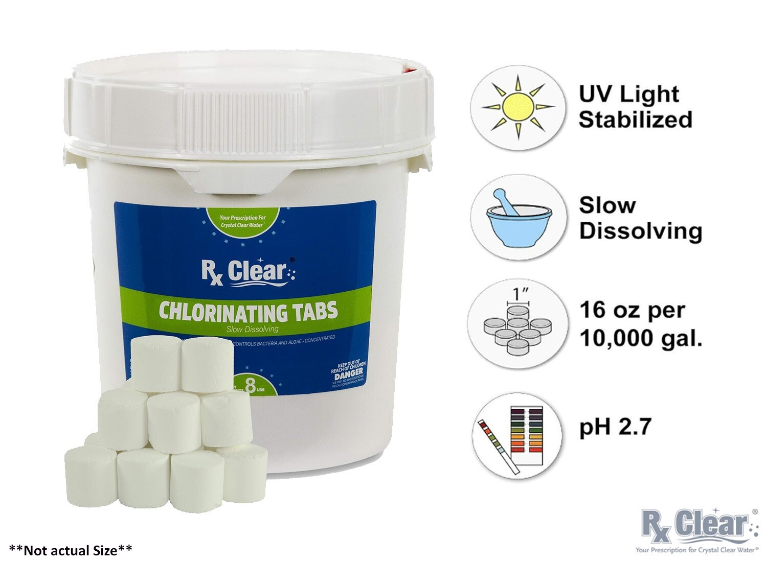Rx Clear 1" Inch 99% Trichloro Stabilized Swimming Pool Chlorine Tablets - 8 lbs gallery