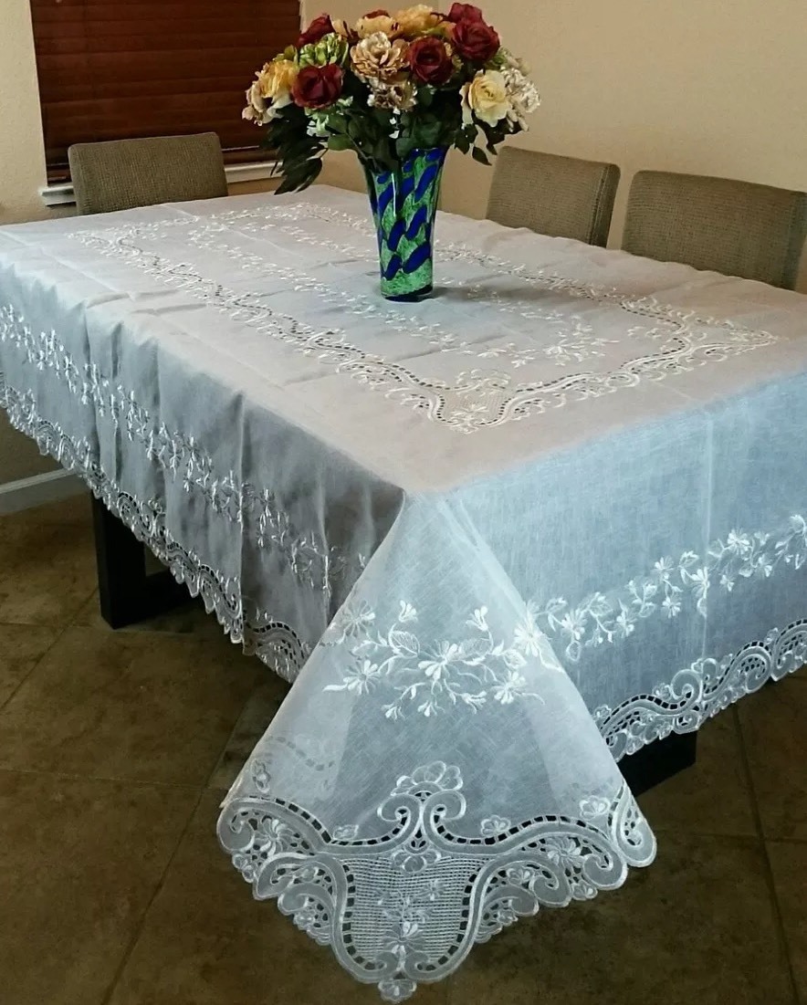 White Rectangle 72x90" Embroidery Organza Fabric Tablecloth Napkins Wedding gallery