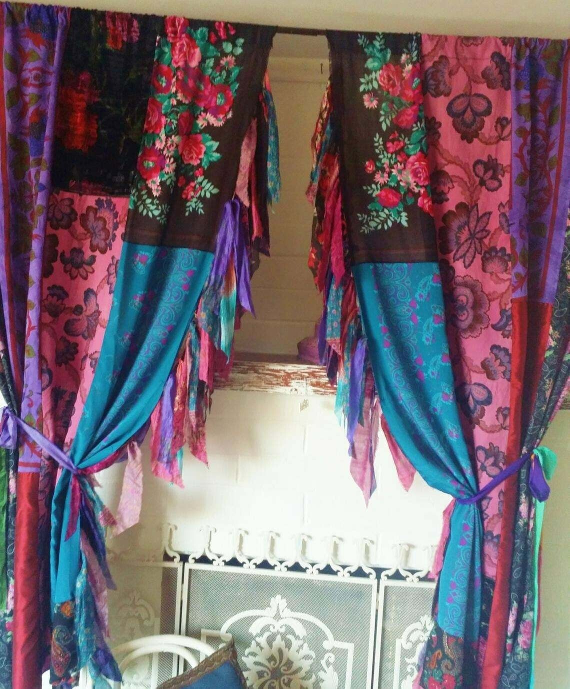 2 Pcs Indian Sari Patchwork Curtain Drape Window Decor Multi Silk Sari Curtain gallery