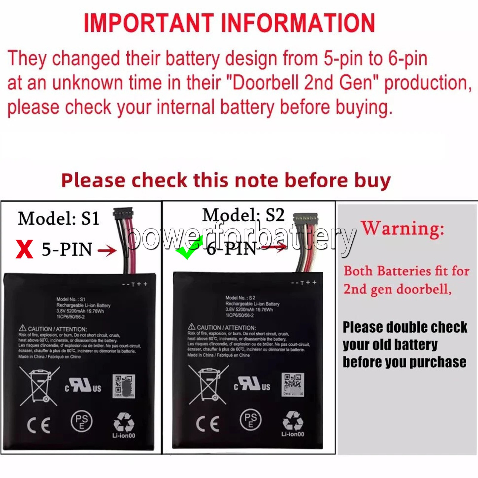 6-Pin 3.8V 5200mAh Repalcement S2 Battery For Ring Video Doorbell 2nd Generation gallery