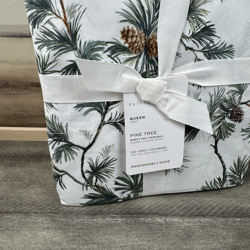 Pottery Barn Pine Tree Printed Sheet Set Queen 4-piece Christmas Holiday Multi gallery