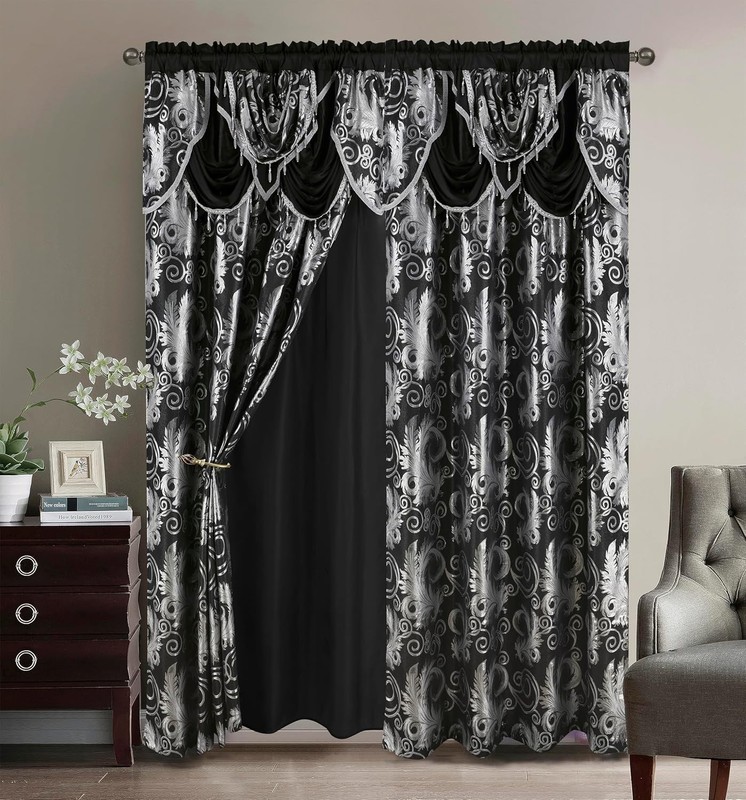 Versatile 2-Piece Black Jacquard Curtain Set - Rod Pocket Design for All Rooms gallery