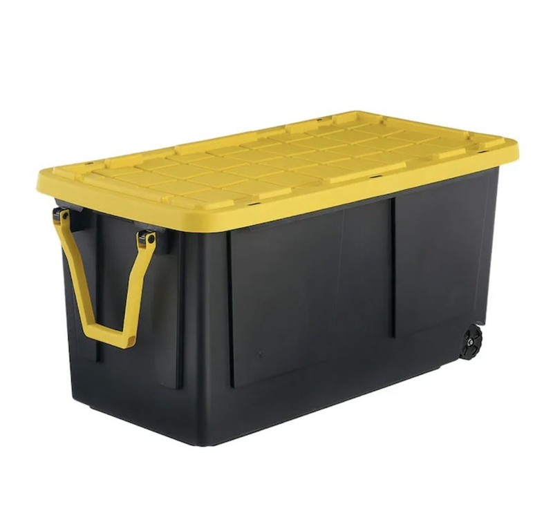 75 Gallon Extra Large Black Yellow Plastic Storage Container, Lidded, Stackable gallery