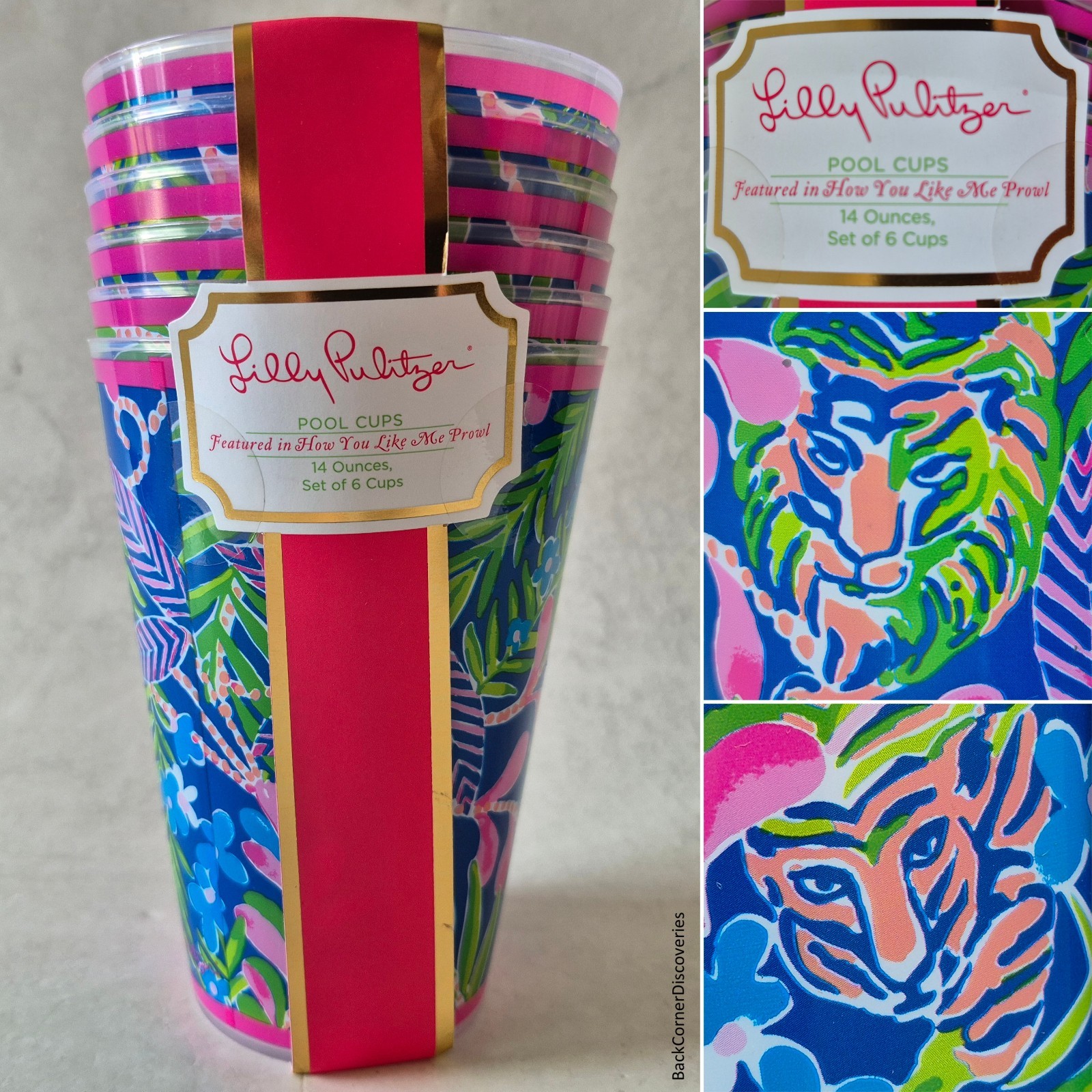 6 NEW Lilly Pulitzer HOW YOU LIKE ME PROWL 14-Oz Plastic Pool Cups. Lion Tiger gallery