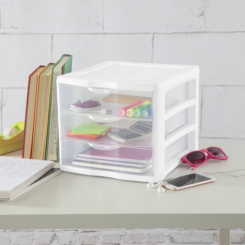 Sterilite 3 Drawer Unit, Clear Plastic Countertop or Desktop Drawers, White gallery