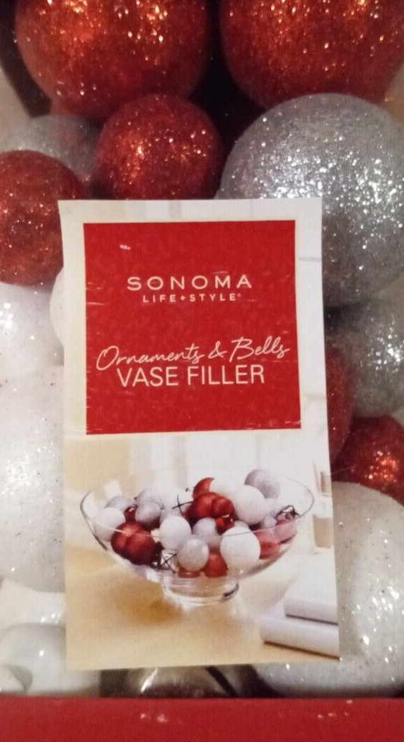 Sonoma silver, red & white ornaments & bells VASE or BOWL filler - NIB gallery