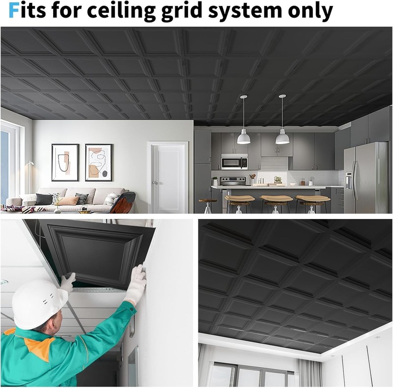 Pack Square Black Drop Ceiling Tile 2ft x 2ft, PVC Ceiling Panel 24 x 24in. gallery