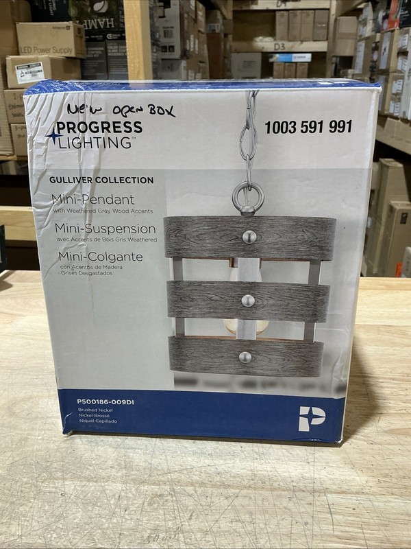 Progress Lighting Gulliver 1Light Brushed Nickel Pendant Weathered Gray Wood gallery