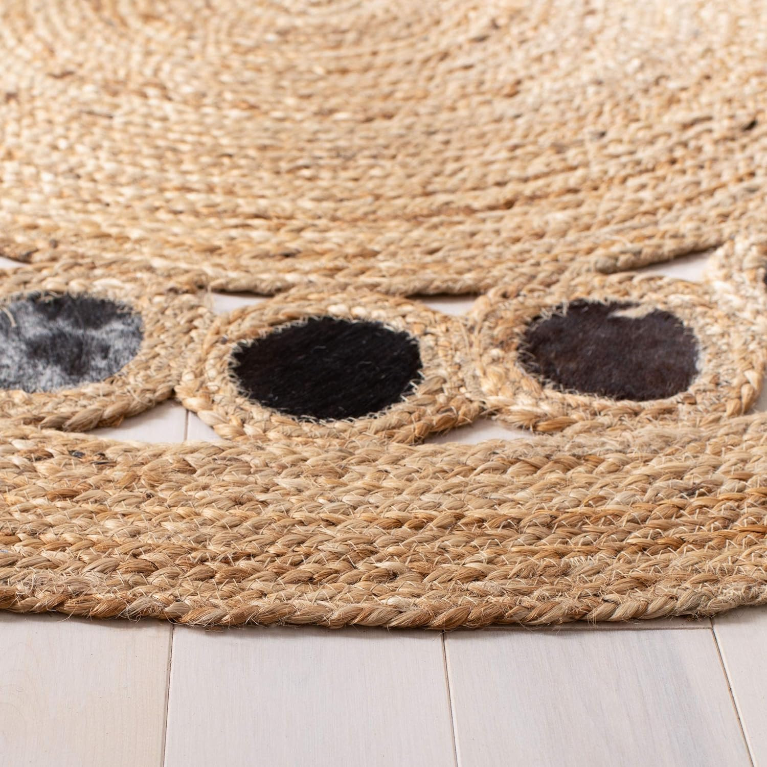 Handmade 6' Beige & Silver Boho Jute & Leather Round Area Rug gallery