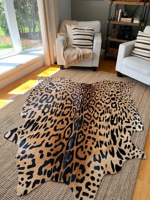 Leopard Cowhide Rug Size: 7X 6 ft Jaguar on Gold Background Brazil Cowhide Rug gallery