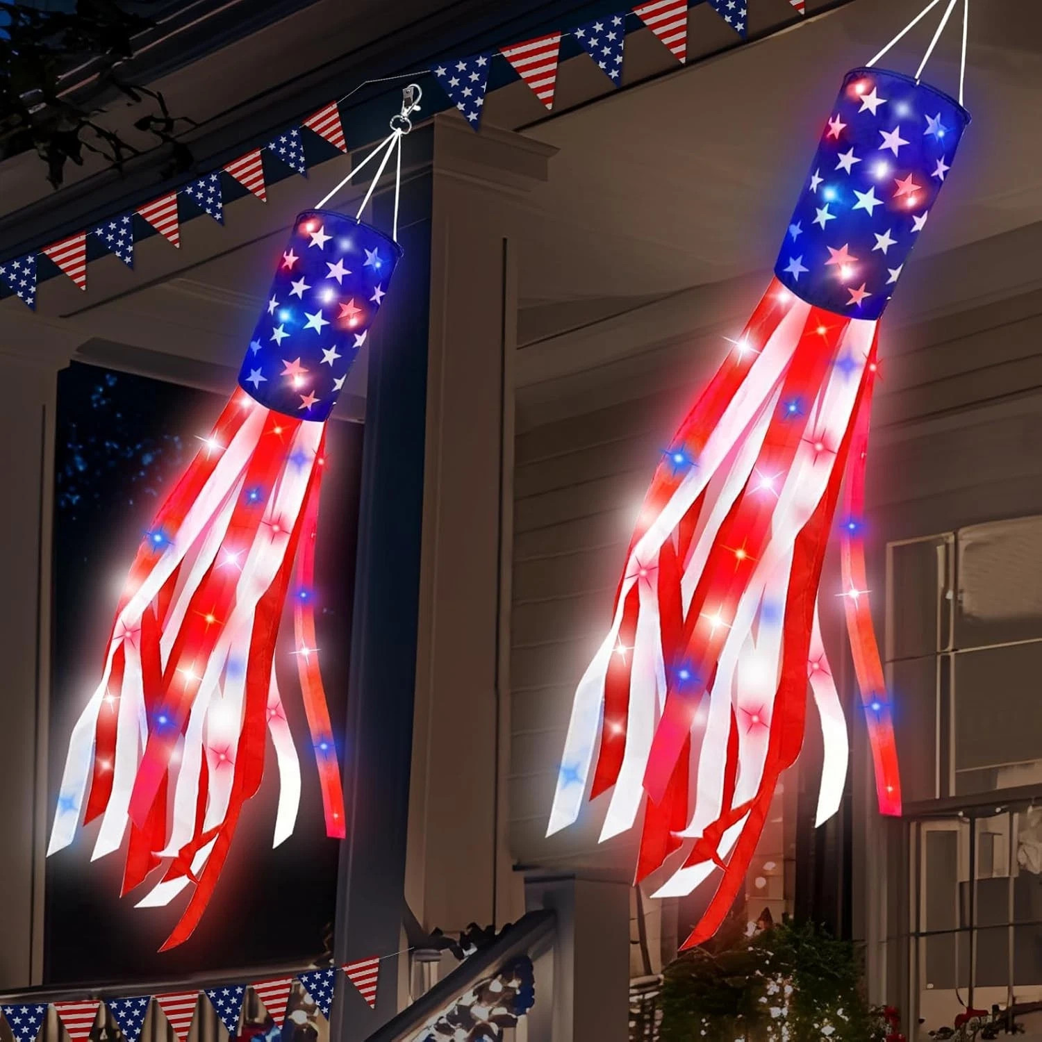 2 Pack 50 Inch Large American Flag Windsock with Lights 4Th of July Decorations, gallery