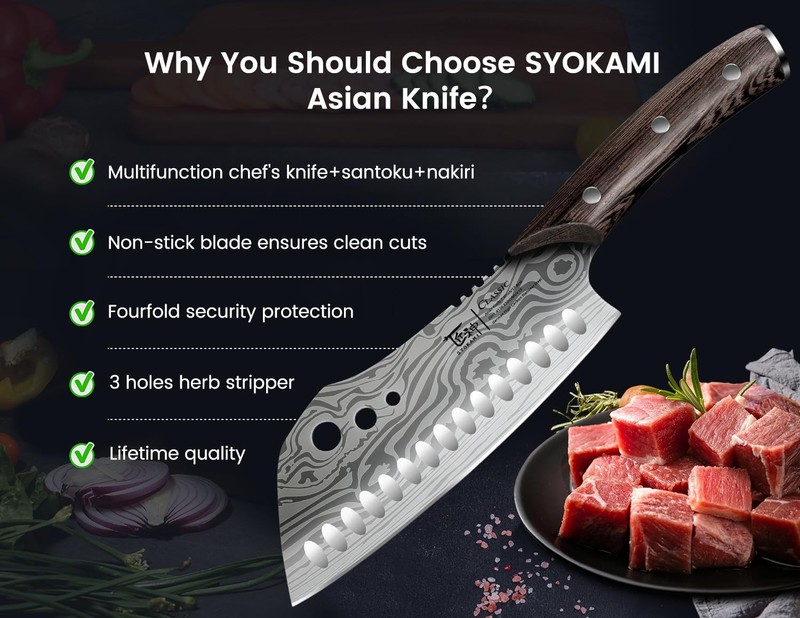Cleaver Chef Knife with Herb Stripper, 7" Asian Kitchen Knife 3-in-1 Combined... gallery