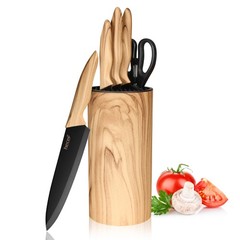 6PCS Kitchen Knife Set Ultra Sharp Stainless Steel Chef Knife w/Olive Wood Block