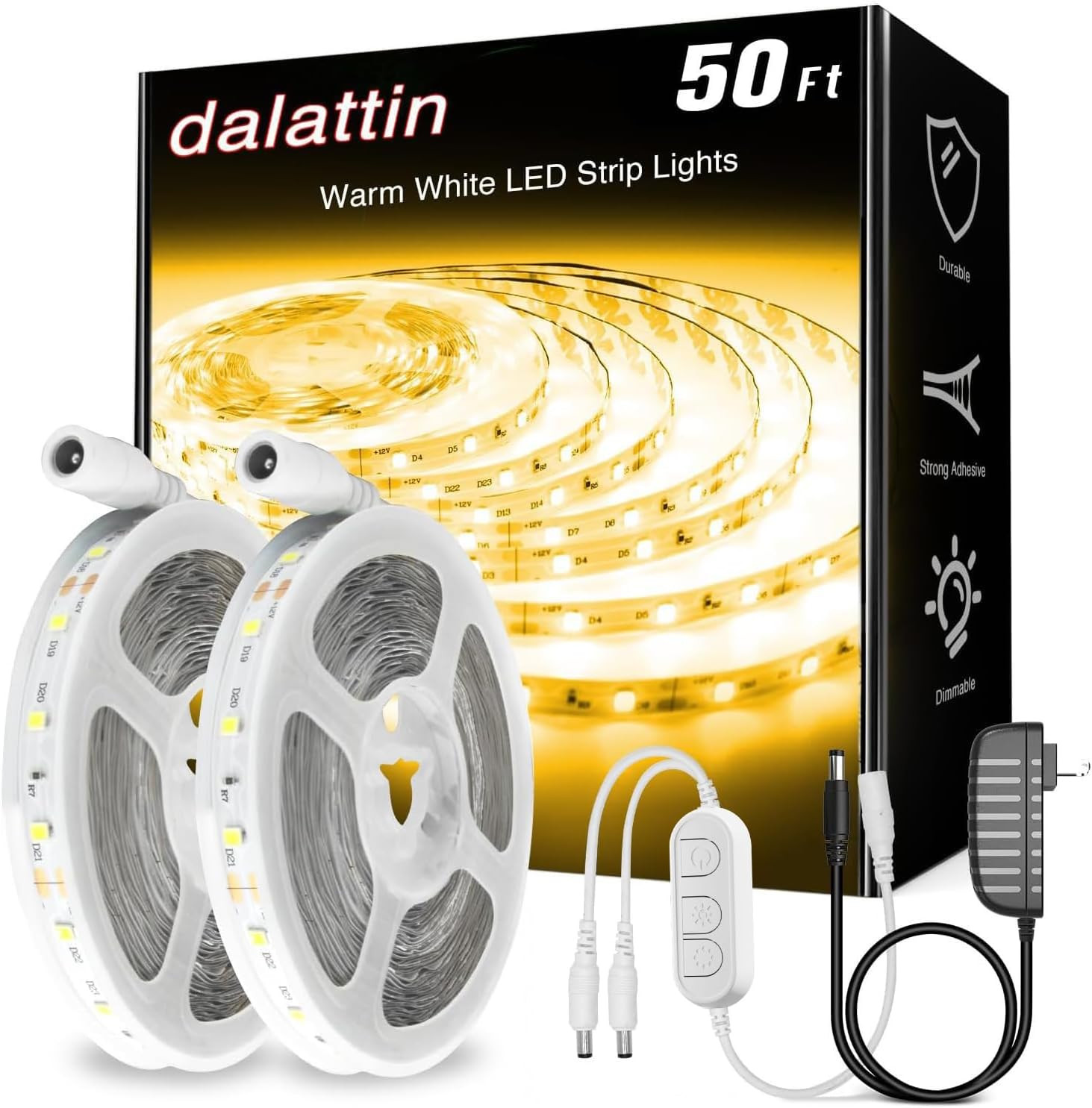 Warm White LED Strip Lights 50Ft, Dimmable 3000K, 900 Leds, 2 Rolls of 25Ft gallery
