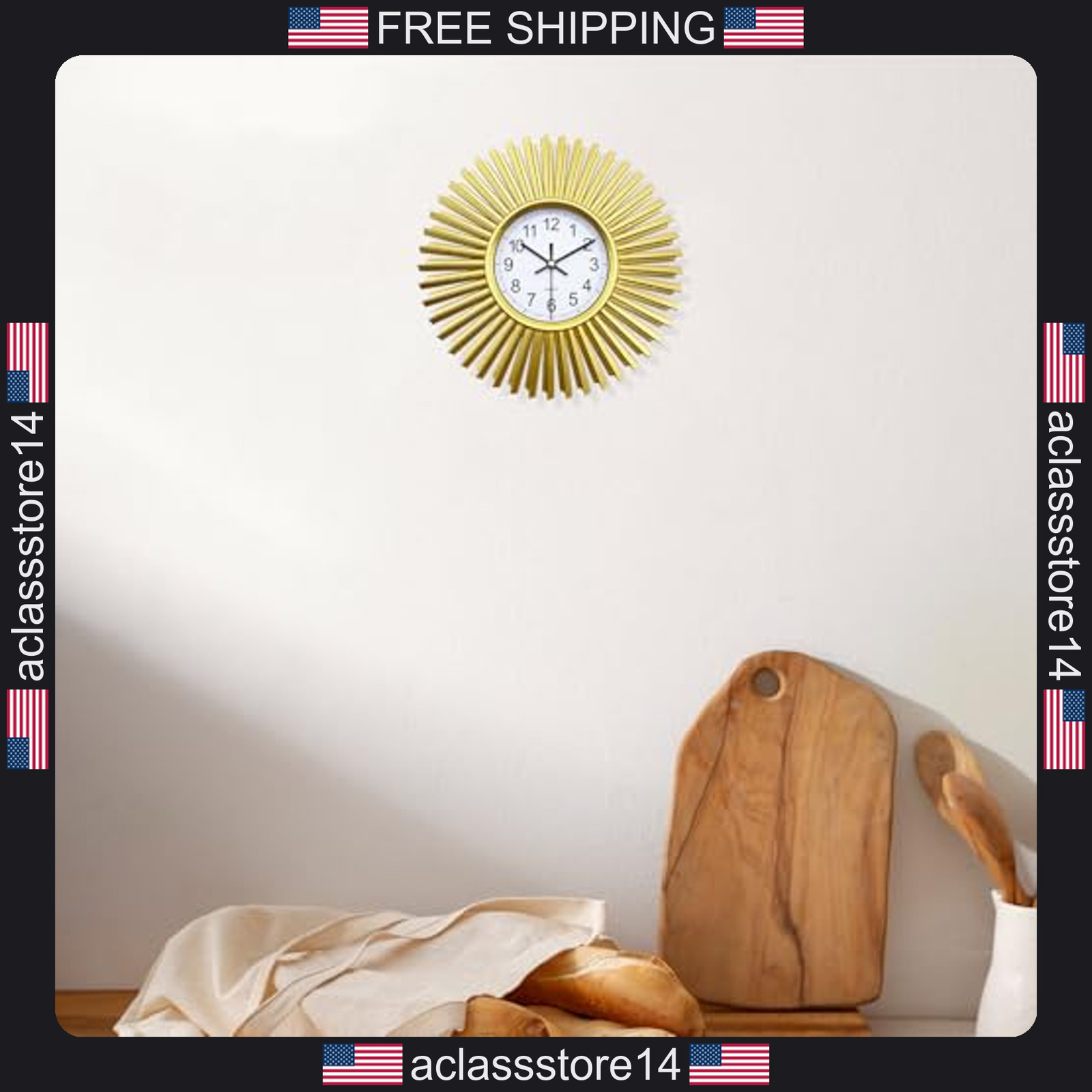Kitchen wall clock gold sunburst 10 inch battery operated decorative clock gallery