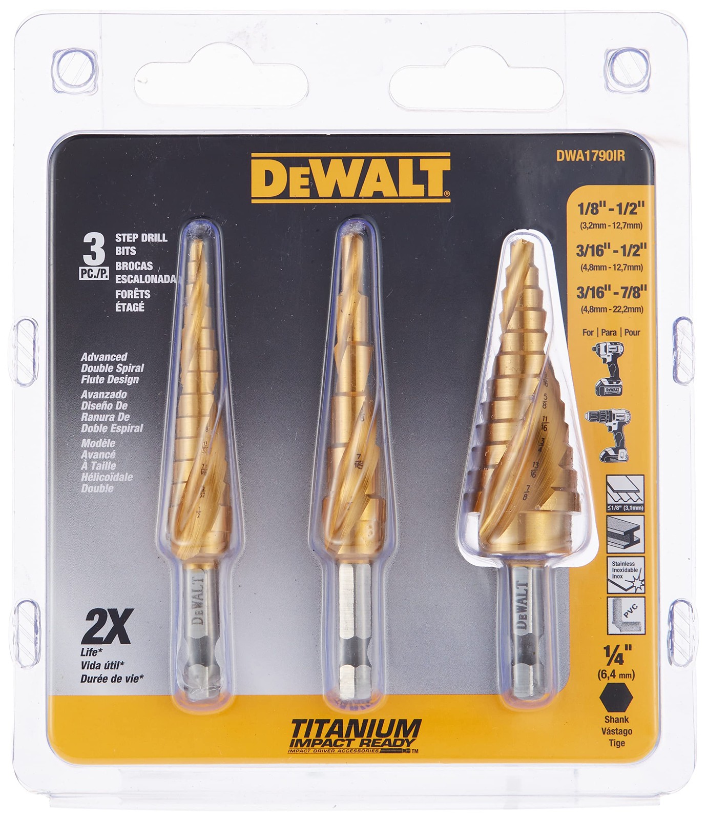 3 Pc Titanium Nitride Step Drill Bit Set 1/87/8 Inch 31 Hole Sizes Hex Shank gallery
