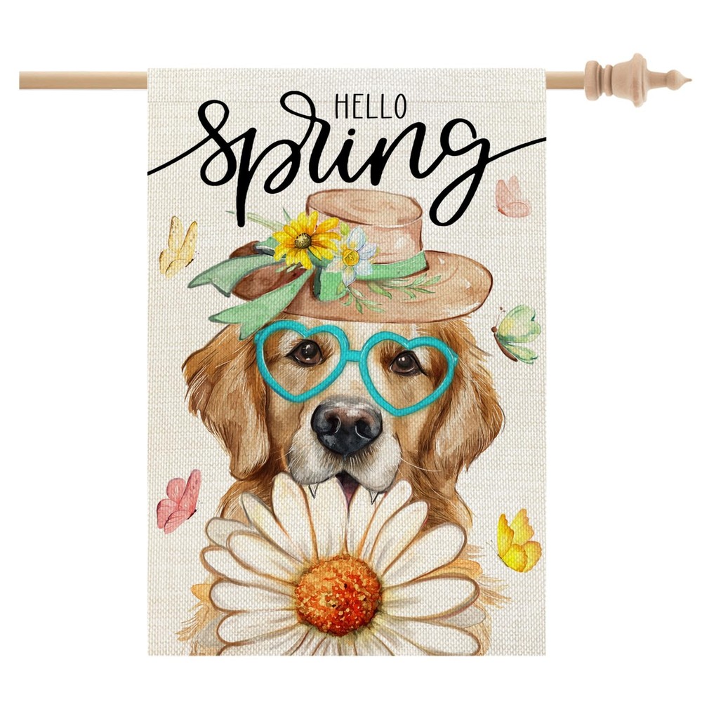 Spring House Flag Dog Daisy Double Sided 28x40 Inches Large Burlap Welcome Ho...