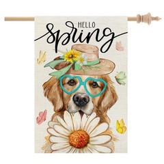 Spring House Flag Dog Daisy Double Sided 28×40 Inches Large Burlap Welcome Ho…