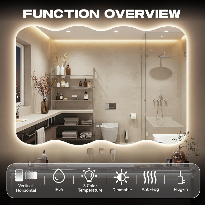 Dimmable LED Wavy Full Length Mirror - 40"x32" Frameless Floor/Wall Mount gallery