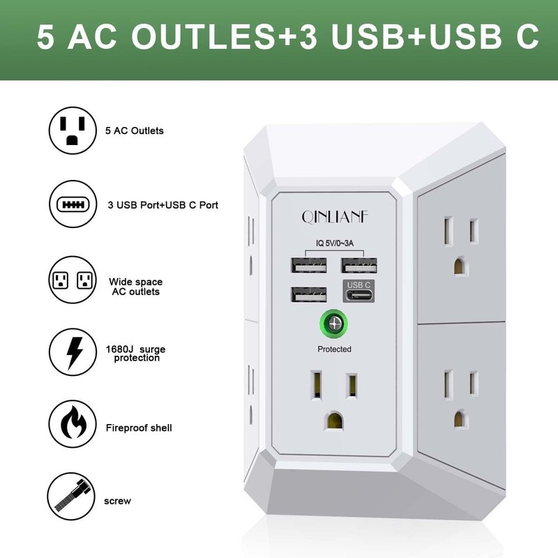 5 Outlet Extender Surge Protector Multi Plug Wall Adapter USB Charger Ports with gallery