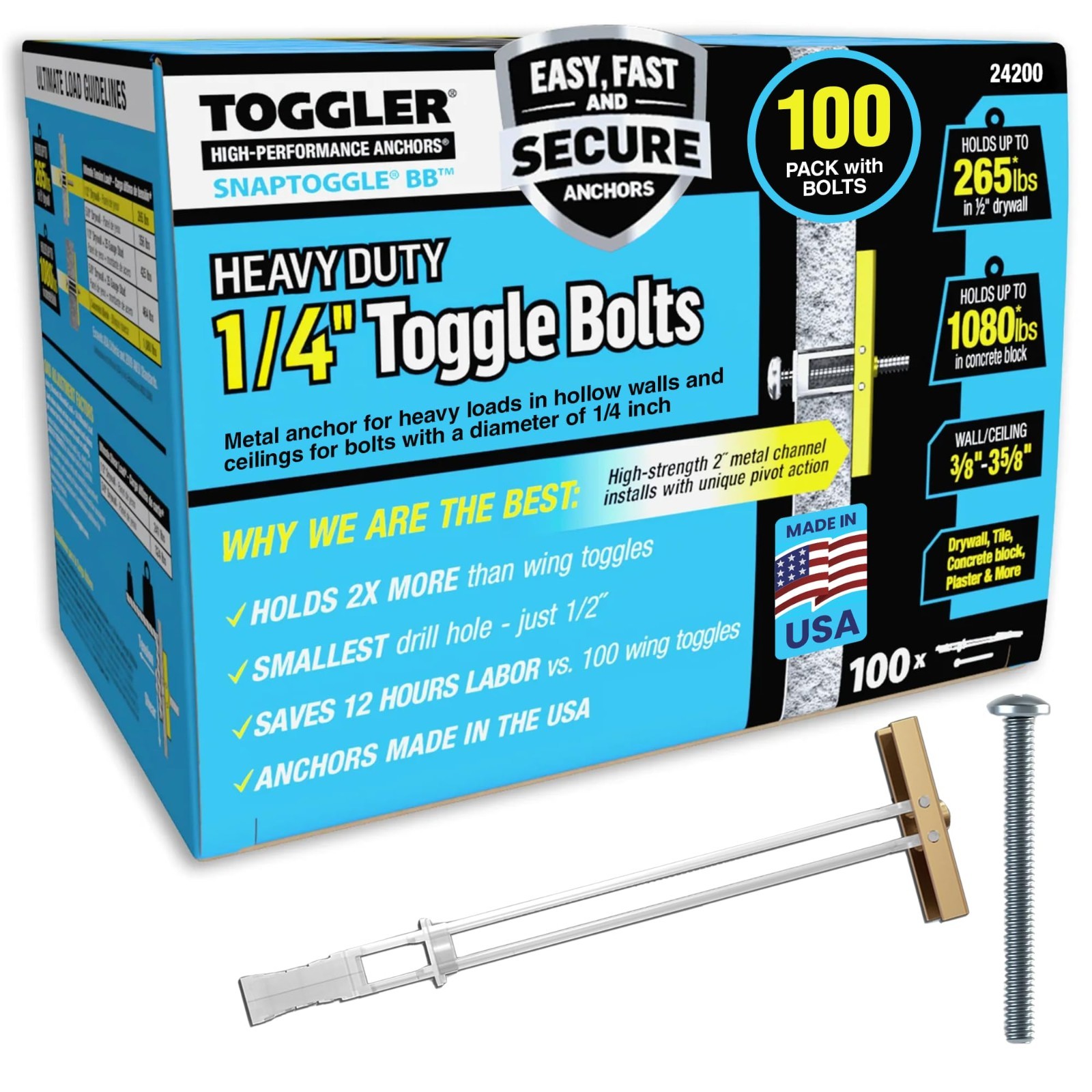 100-Pack Drywall Anchors 1/4" Toggle Bolts - 265 lbs Hold Capacity, 2.5" Screws gallery
