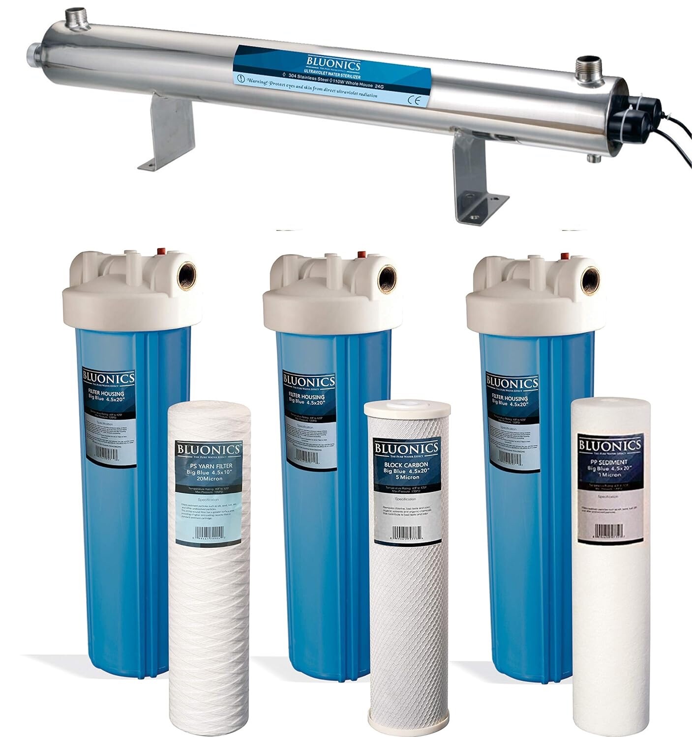 110W UV Well Water Filter System 4.5"x20" Sediment & Carbon Whole House BLUONICS gallery