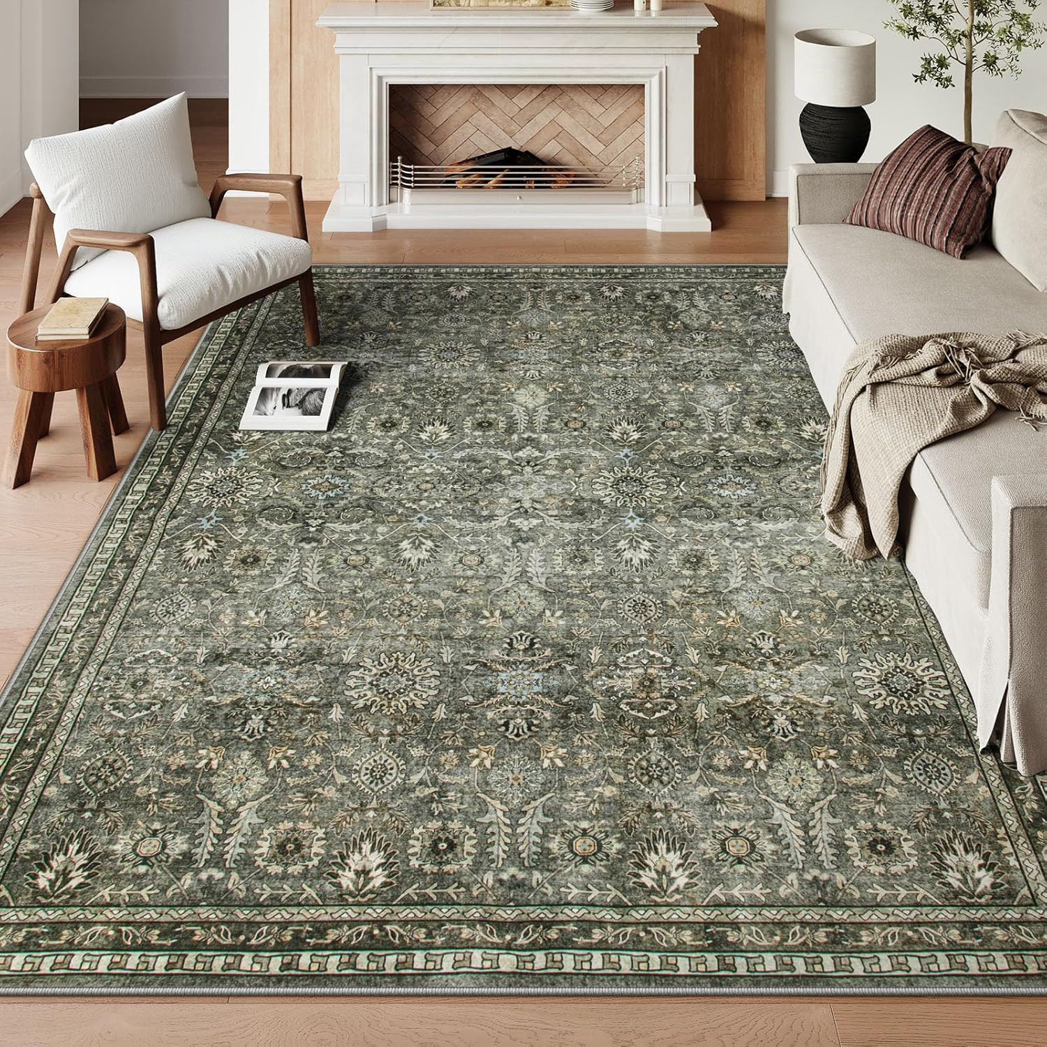 Boho Dark Olive Green 8x10 Washable Rugs for Living Room & Bedroom gallery