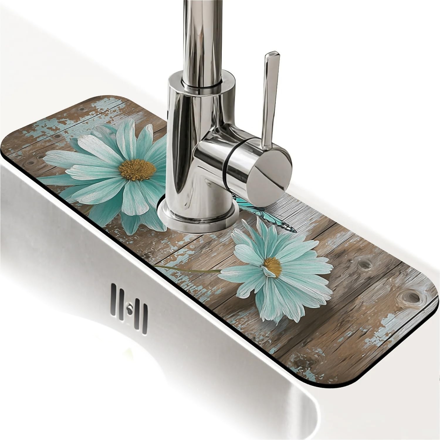 Kitchen Sink Splash Guard，Two turquoise daisies-1 Faucet Mat Sink Gadgets-Sup... gallery