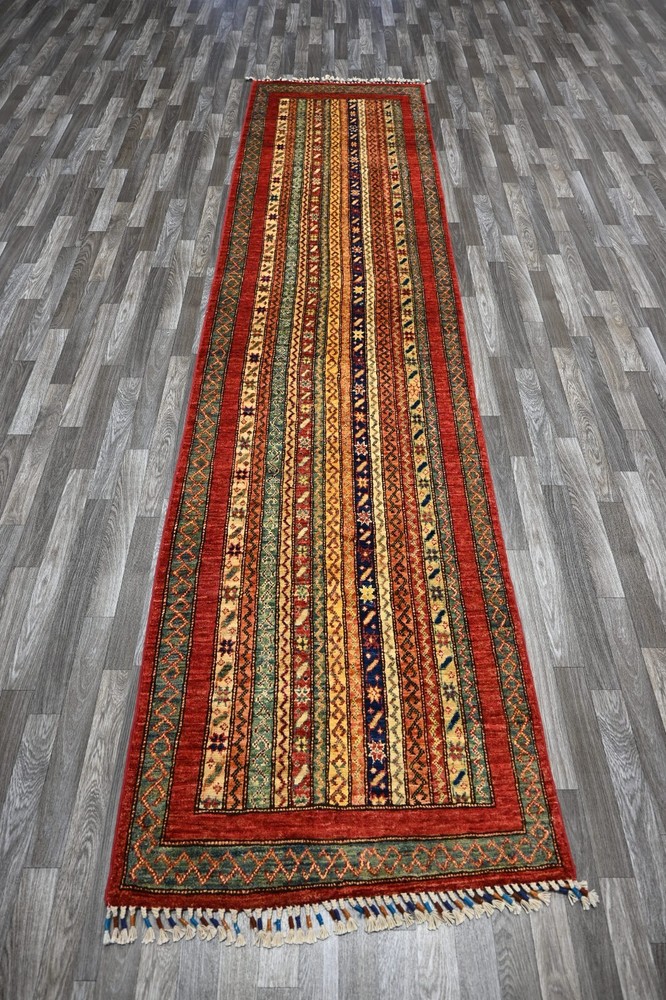 11 ft Red Turkish Shawl Striped Pattern Afghan Hand knotted Tribal Runner Rug