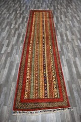 11 ft Red Turkish Shawl Striped Pattern Afghan Hand knotted Tribal Runner Rug