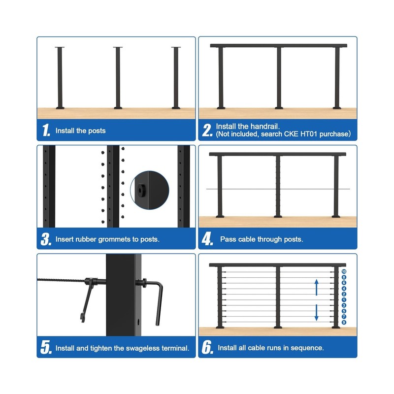 CKE 10ft-15ft Complete Set 36" Cable Railing Post Kit, 3Pack Black Level Dril... gallery