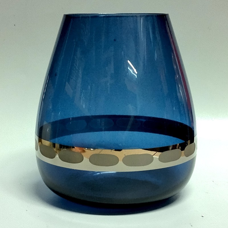 Cobalt Blue Glass Vase Tear Drop Shape Etched Silver Tone Chrome Band 6.5" gallery