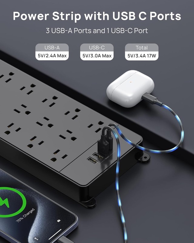 Surge Protector Power Strip, 13 Outlets, USB-C, 10FT Cord, 4000J, Black gallery