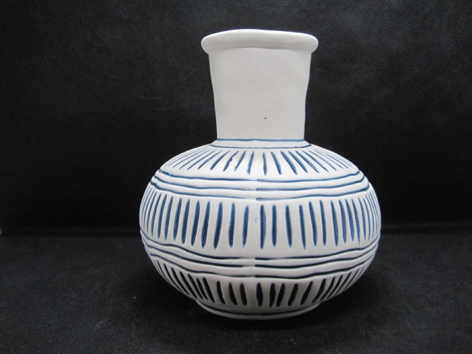 Matte White with Blue Horizontal and Vertical Lines Pot Belly Vase gallery