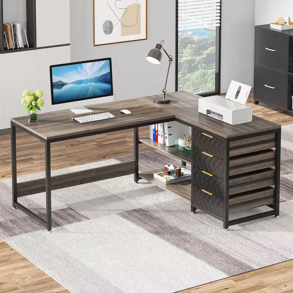 Lanita 59 In. L-Shaped Gray Engineered Wood 4-Drawer Executive Desk with Shelves gallery