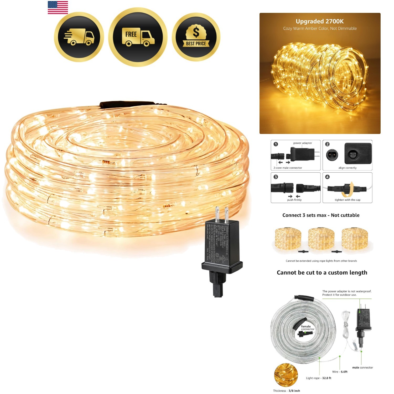 LE 33ft 240 LED Rope Lights Outdoor 24 Volts, 3/8 inch Clear Tube, Upgraded 2... gallery