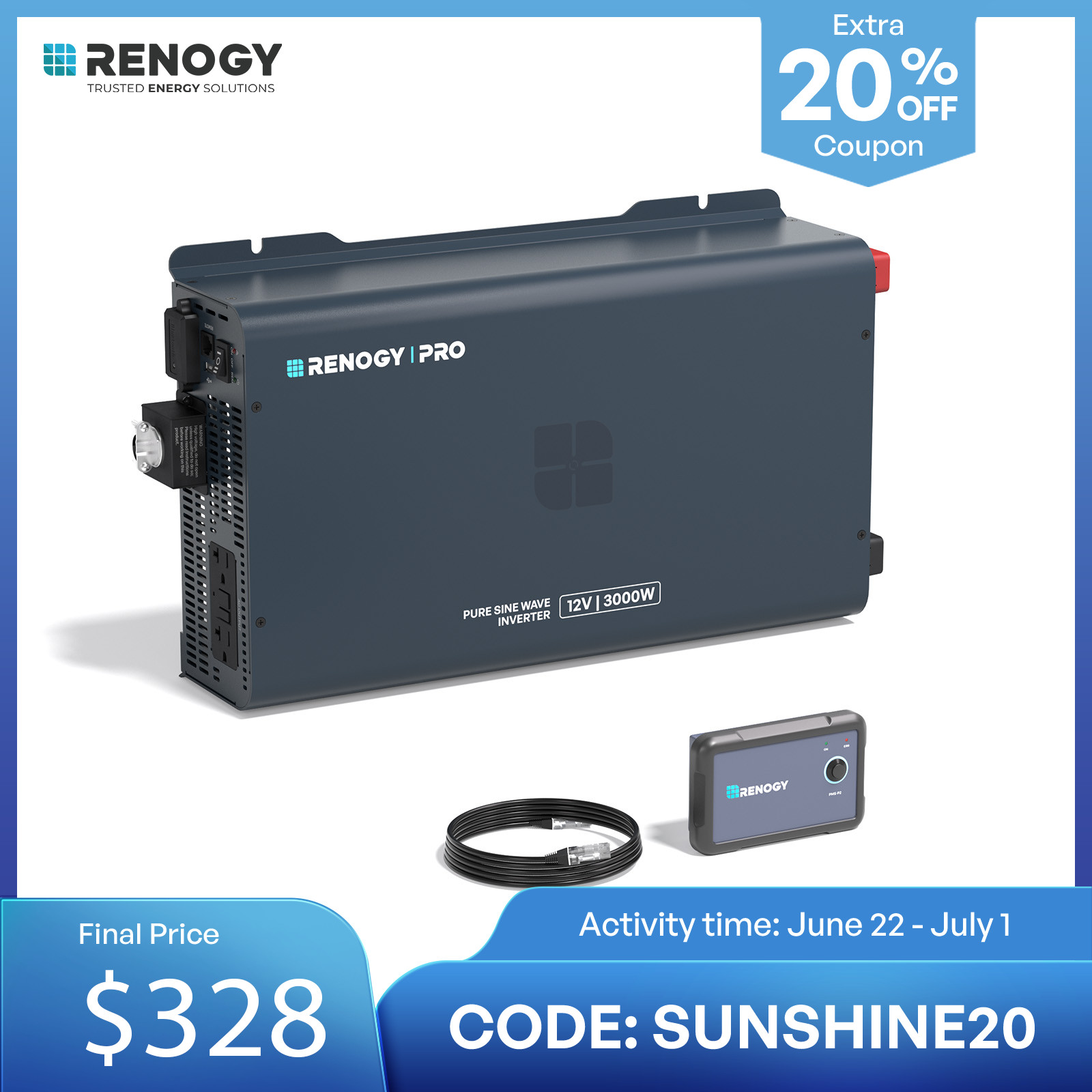 Renogy Pro 3000W Pure Sine Wave Inverter 12V to 120V 92% High-Efficiency W/BT gallery