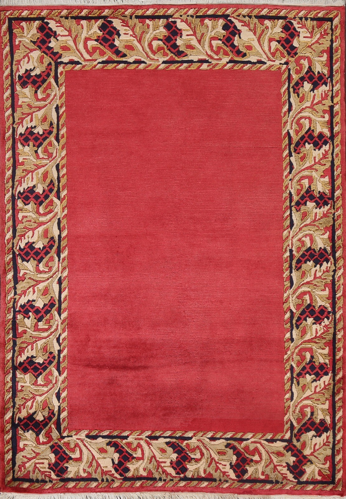 Red Nepalese Bordered Plush Wool Oriental 4x5 Area Rug Hand-knotted Wool Carpet gallery