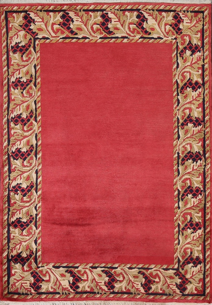 Red Nepalese Bordered Plush Wool Oriental 4x5 Area Rug Hand-knotted Wool Carpet