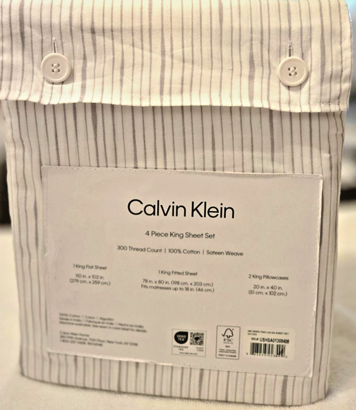Calvin Klein King Sheet Set 4‑Pc 100% Cotton Sateen Gray White Stripe NWT gallery
