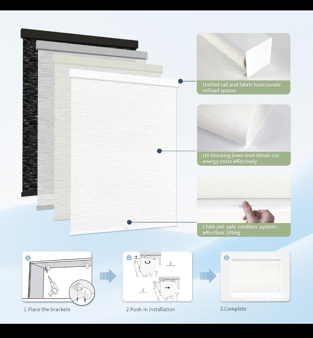 35" W x 72" H Cordless Light Filtering Roller Shade for Windows Free Stop Window gallery
