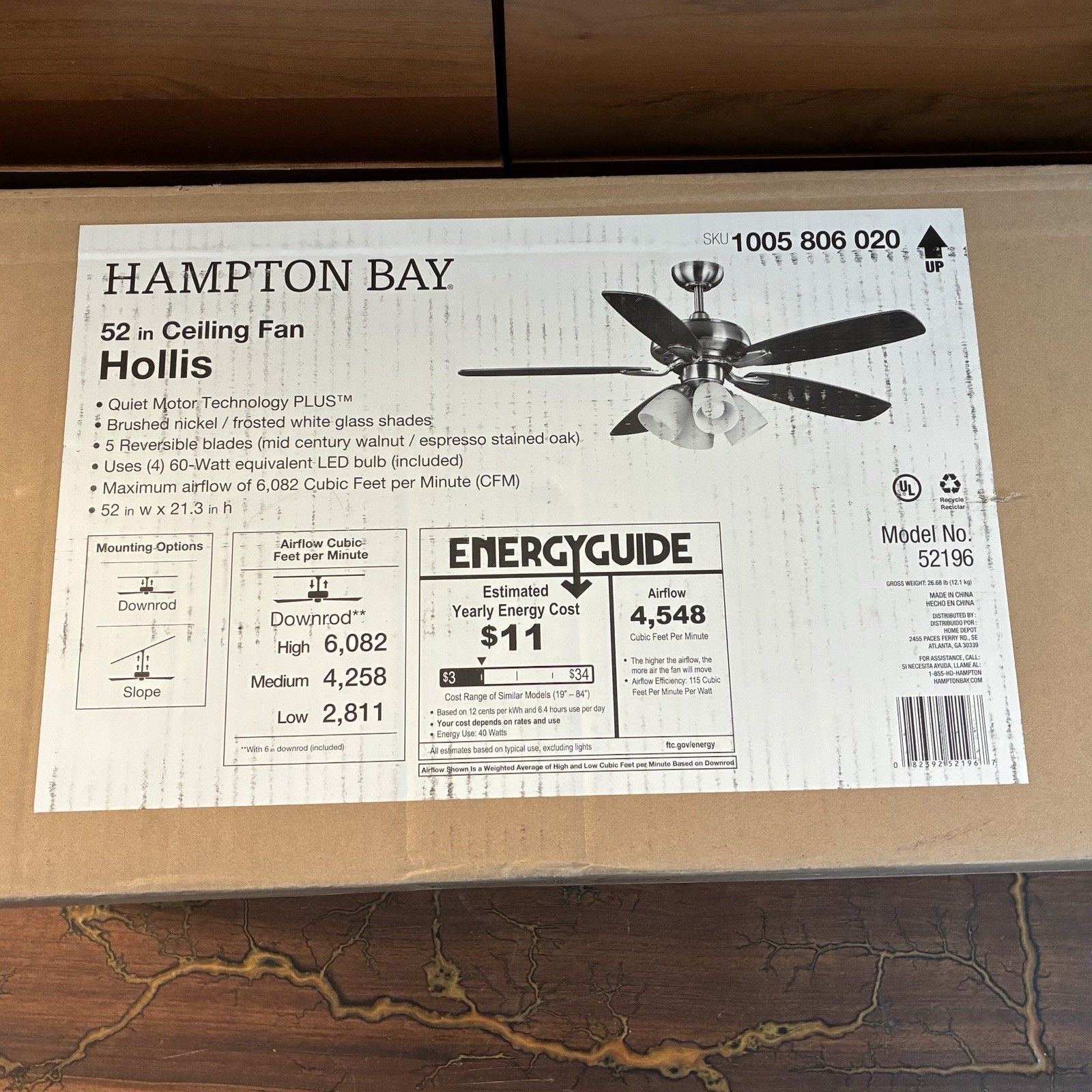 Hampton Bay / Hollis 52" Indoor LED Brushed Nickel Dry Rated Ceiling Fan - NEW gallery