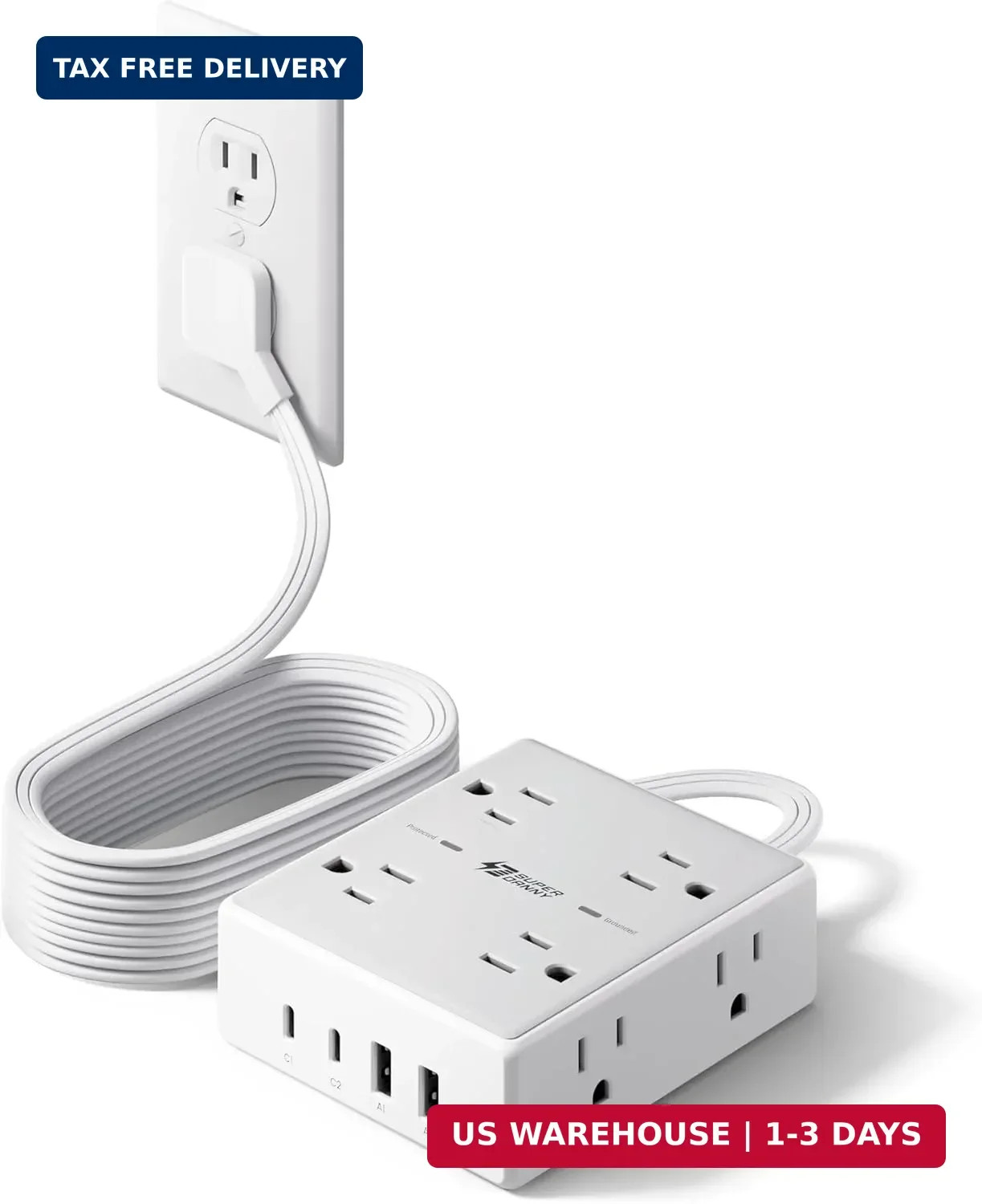 10ft Extension Cord with Multiple Outlets, Flat Plug Surge Protector Power Strip gallery