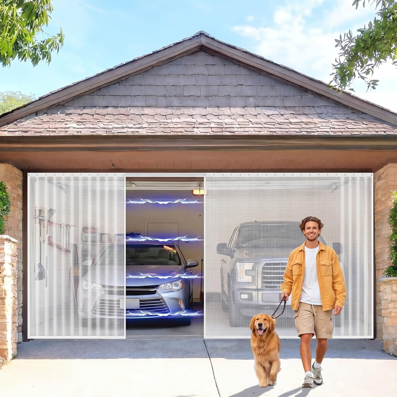 16 X 7 Ft Sliding Garage Door Screen Retractable 2 Car with Track Closure Magnet gallery