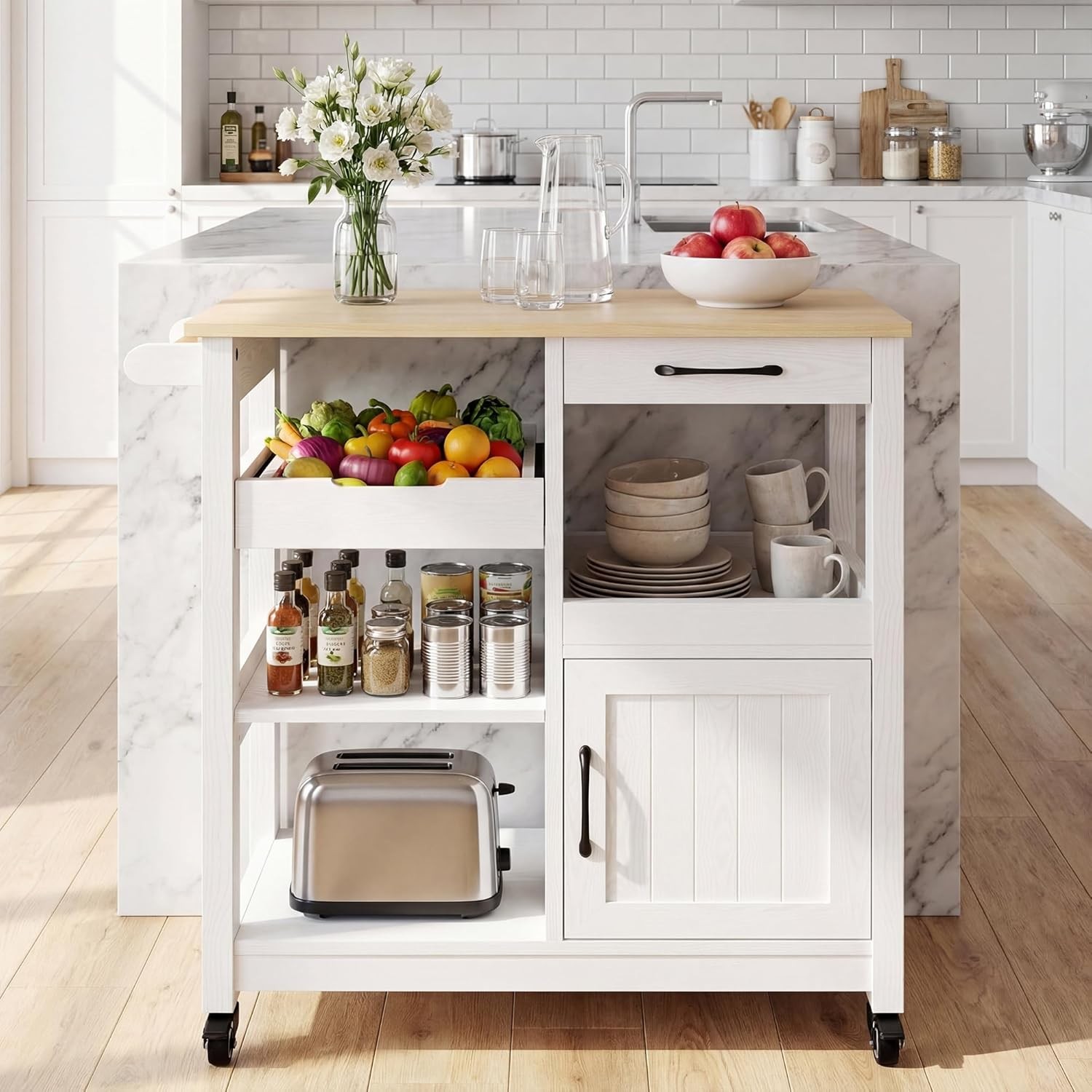 Kitchen Cart Rolling Island Storage White Natural Wood gallery